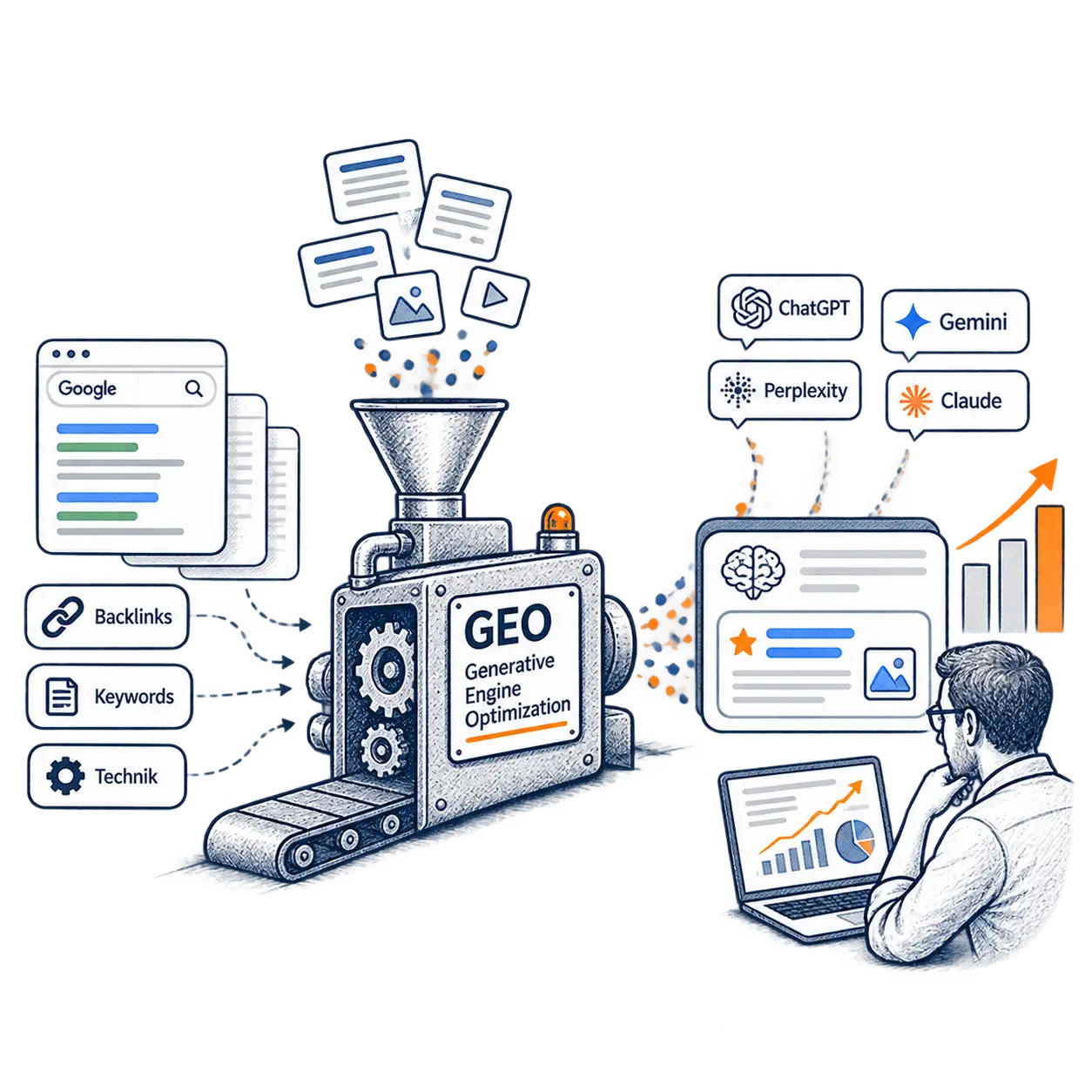 Eine Maschine verarbeitet Suchergebnisse, Backlinks und technische Signale zu Empfehlungen in ChatGPT, Gemini, Perplexity und Claude.