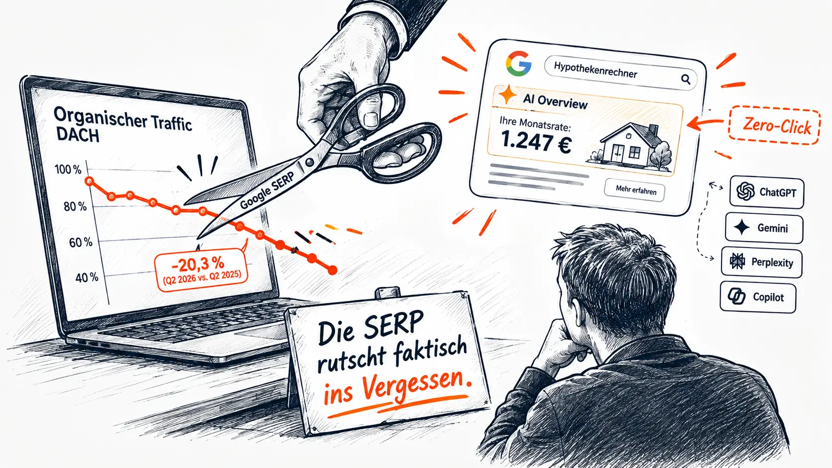 Illustration: Eine Hand schneidet mit einer Schere, markiert „Google SERP", die organische Traffic-Kurve ab, während eine KI-Overview mit Rechner-Widget und Zero-Click-Markierung neben Logos von ChatGPT, Gemini, Perplexity und Copilot erscheint, mit dem Schild-Text „Die SERP rutscht faktisch ins Vergessen."