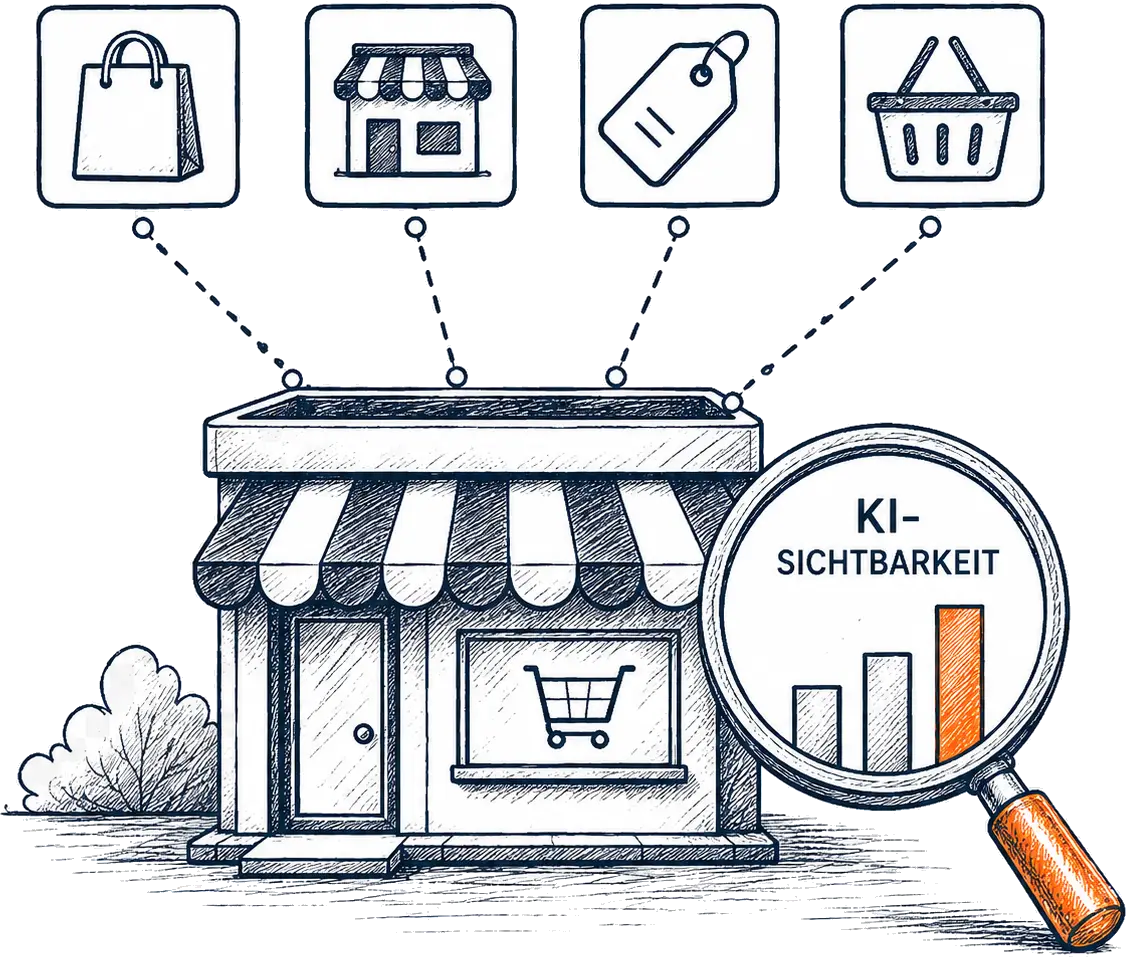 Eine Maschine verarbeitet Suchergebnisse, Backlinks und Keywords zu Empfehlungen in ChatGPT, Gemini, Perplexity und Claude.