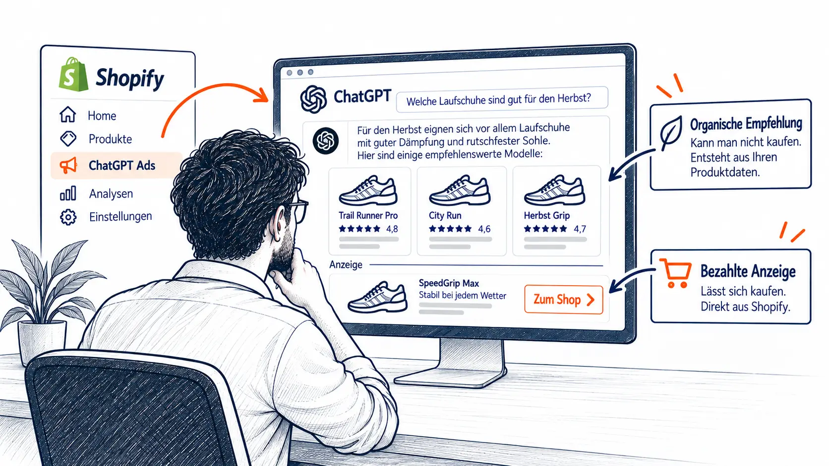 Ein Händler fragt ChatGPT nach Laufschuhen und sieht eine Antwort mit Produktempfehlungen und darunter eine gekennzeichnete Anzeige, die aus dem Shopify-Admin gebucht wird. Beide Wege beruhen auf denselben Produktdaten.