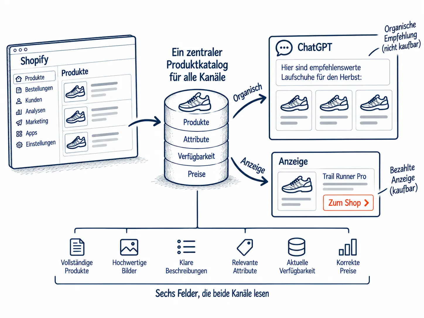 Ein Shopify-Produktkatalog speist zwei Kanäle in ChatGPT: die organische Empfehlung in der Antwort und die bezahlte Anzeige darunter. Sechs Datenfelder lesen beide Kanäle: vollständige Produkte, Bilder, Beschreibungen, Attribute, Verfügbarkeit und Preise.