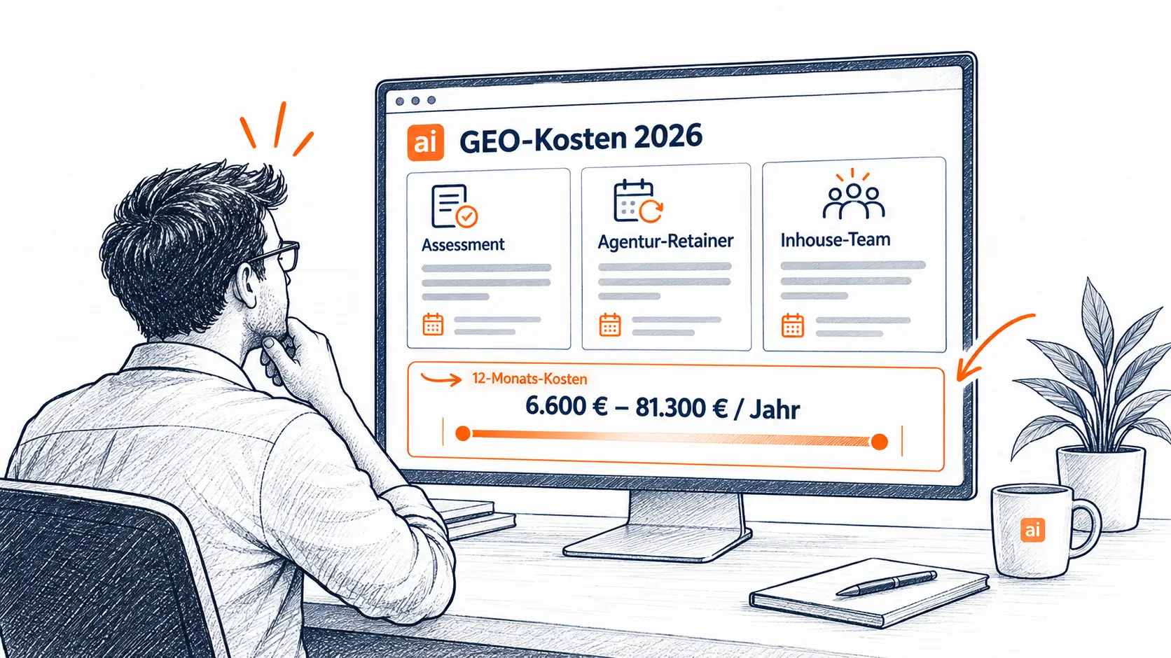 Ein Entscheider blickt auf ein Dashboard mit den drei Wegen zu KI-Sichtbarkeit — Assessment, Agentur-Retainer und Inhouse-Team — darunter die Spanne der Gesamtkosten von 6.600 bis 81.300 Euro im ersten Jahr.