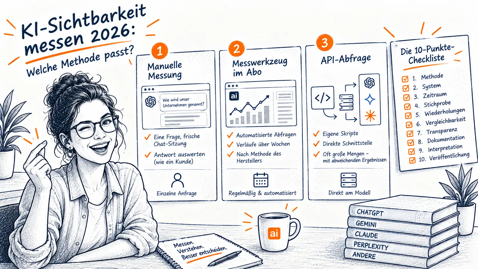 Eine Marketingverantwortliche vor drei Karten für die drei Messwege — manuelle Messung in einer frischen Chat-Sitzung, Messwerkzeug im Abo mit Verlaufskurve, API-Abfrage über eigene Skripte — daneben eine Checkliste mit zehn Punkten von Methode bis Veröffentlichung.