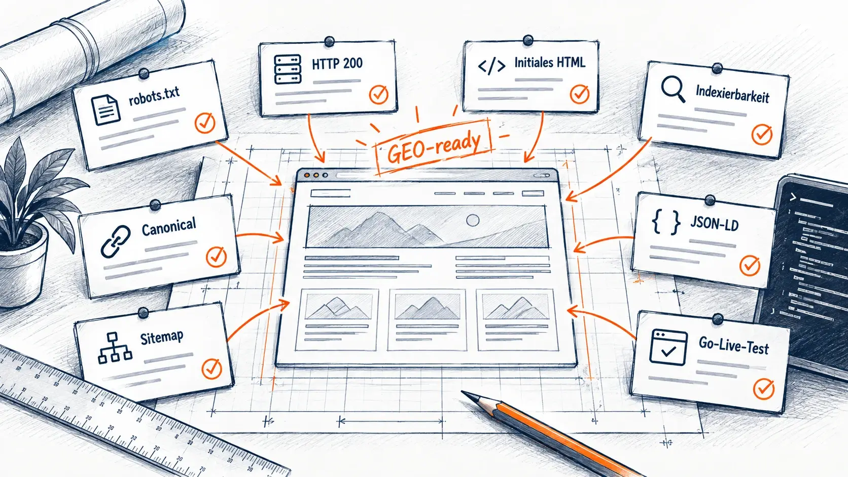 Gezeichnete Darstellung einer Website, deren technische GEO-Readiness anhand von robots.txt, HTTP-Status, HTML, Indexierbarkeit, Canonical, JSON-LD, Sitemap und Go-Live-Test geprüft wird.