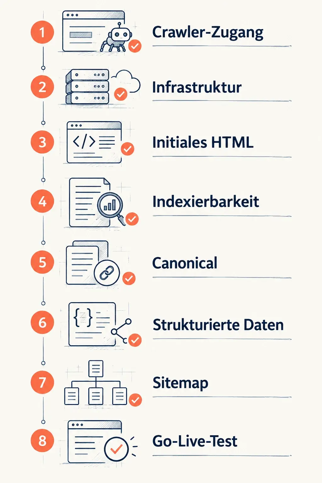 Gezeichnete Go-Live-Checkliste mit acht technischen Prüfungen für eine GEO-ready Website: Crawler-Zugang, Infrastruktur, initiales HTML, Indexierbarkeit, Canonical, strukturierte Daten, Sitemap und Go-Live-Test.